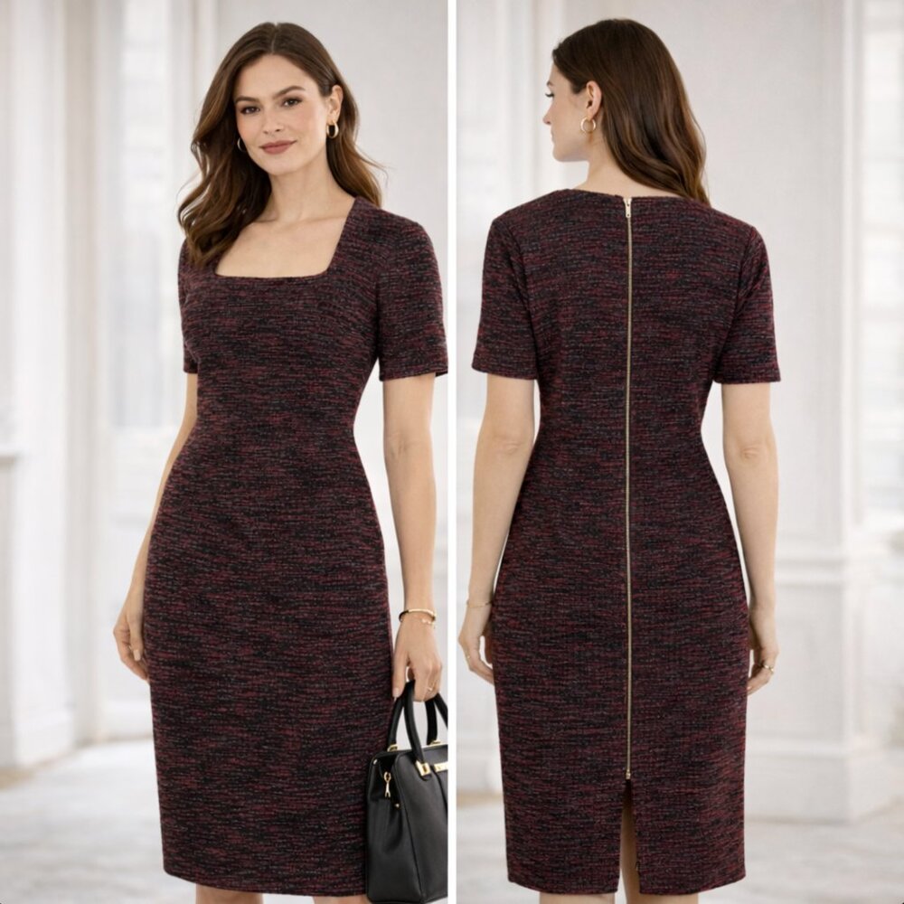 Ann Taylor Tweed Knit Sheath Dress 6 Square Neck Zip Back Work Career Preppy NWT